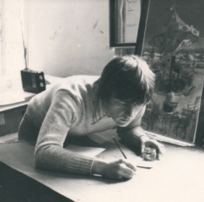 3. Authouart, Atelier Arts Litho, 1978<br /> 1<sup>ère</sup> lithographie Le manège de l’Avenir (en arrière-plan)